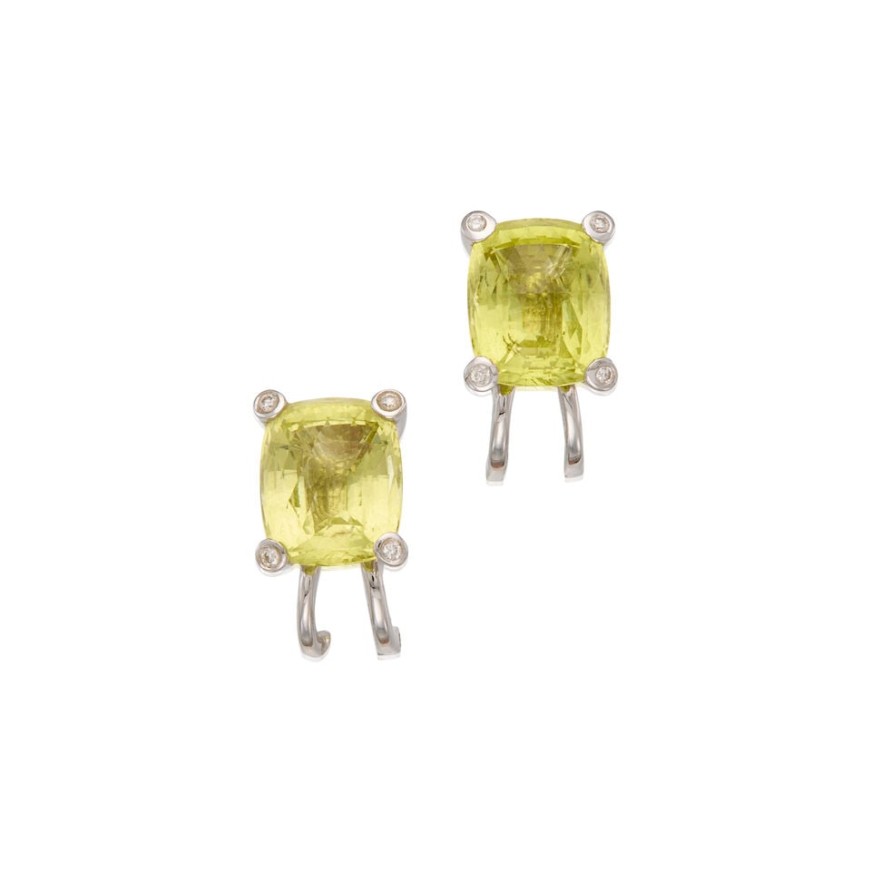 18K WHITE GOLD, QUARTZ AND DIAMOND EARRINGS: 18K WHITE GOLD, QUARTZ AND DIAMOND EARRINGS • Two cushion rose cut lemon quartz measuring approximately 12.10mm x 10.12mm x dept cannot be determined due to the setting • Eight round