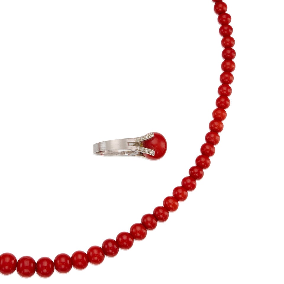 CORAL AND DIAMOND NECKLACE AND RING - 2