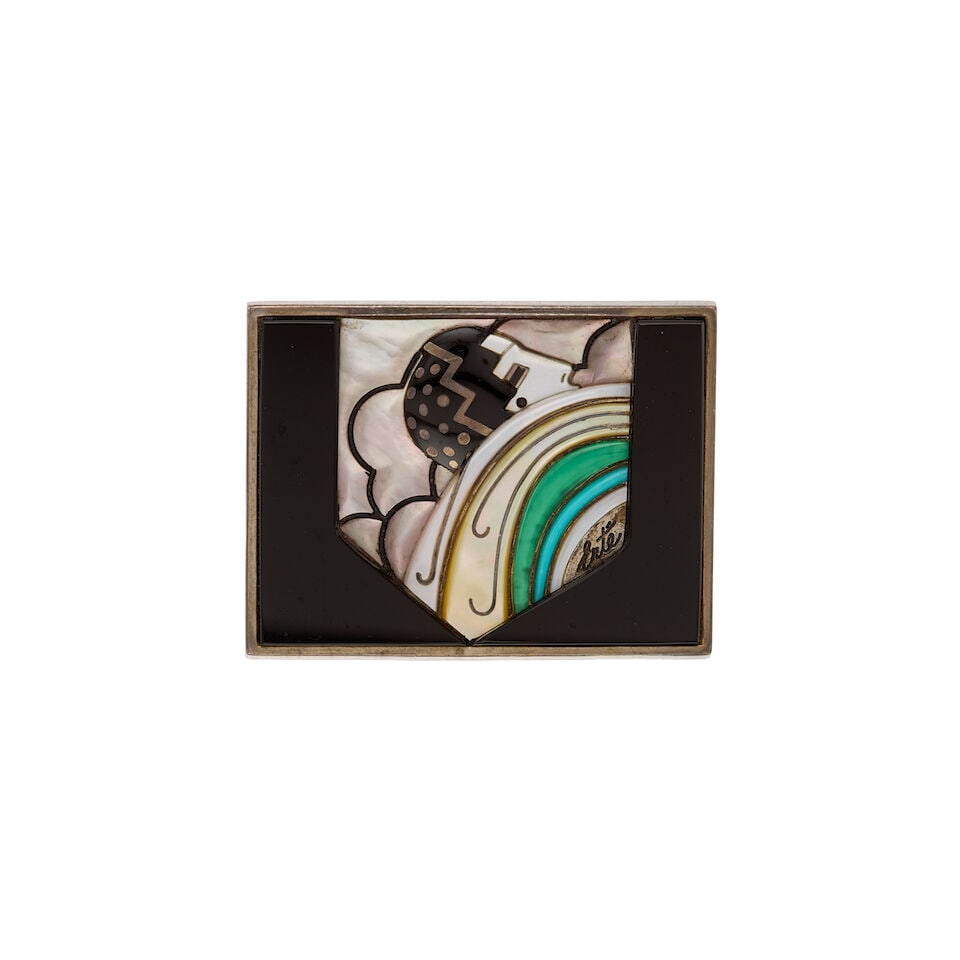 ERTE: SILVER, MOTHER OF PEARL, AND MULTI GEM BROOCH: ERTE: SILVER, MOTHER OF PEARL, AND MULTI GEM BROOCH • Carved mother of pearl, onyx, green chalcedony, blue gemstone and enamel • Stamped ERTE • Length 1 3/4 in. x 1 1/4 in. • E