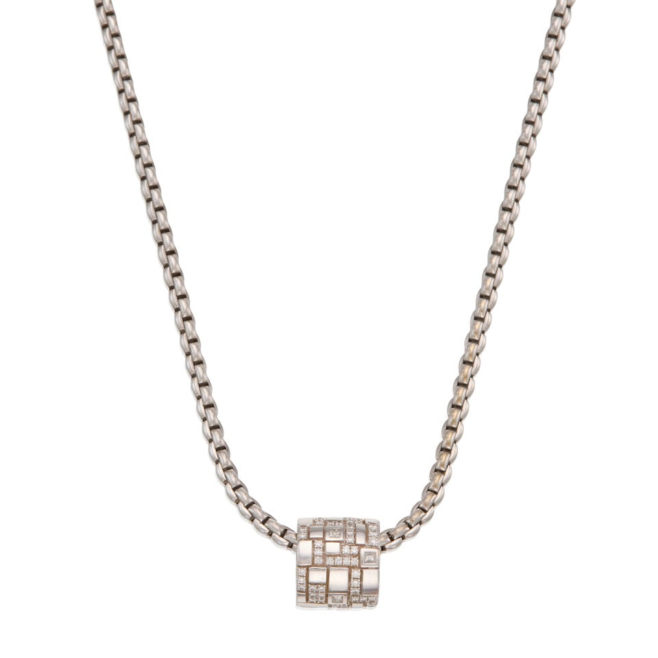 FOPE: DIAMOND PENDANT WITH CHAIN: FOPE: DIAMOND PENDANT WITH CHAIN • 18K white gold pendant with chain and silver clasp • Eight squared shaped and numerous round brilliant cut diamonds weighing approximately 0.82 carat tot