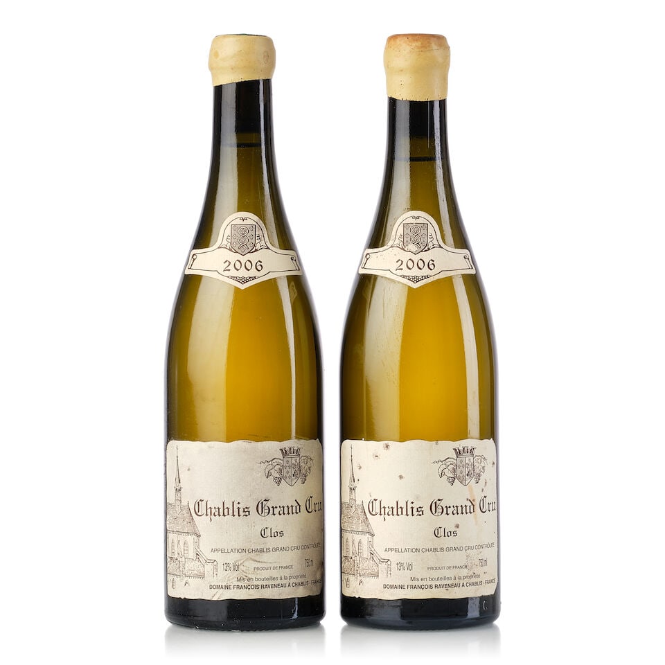 Domaine François Raveneau Chablis Les Clos, 2006 (2x 750ml): Domaine François Raveneau Chablis Les Clos, 2006 (2x 750ml) Region: Burgundy Cork: 2x signs of old seepage Label: 2x scuffed, 2x bin-soiled labels and vintage tags For further information on this