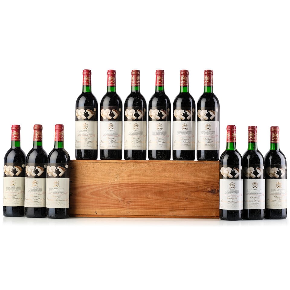Château Mouton Rothschild, 1986 (12x 750ml): Château Mouton Rothschild, 1986 (12x 750ml) Region: Bordeaux Fill Level: 10x base neck, 2x very top shoulder Capsule: 1x slightly scuffed, 4x slightly corroded Cork: 1x slightly protruded Label: 