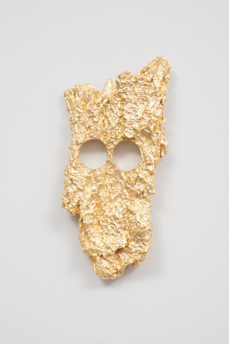 PETER LIVERSIDGE (B. 1973) Mask XCIV (Executed in 2026 ): PETER LIVERSIDGE (B. 1973) Mask XCIV signed, titled and dated on the reverse plane tree bark, acrylic paint, size, imitation gold 24.5 x 11cm (9 5/8 x 4 3/8in). Executed in 2026