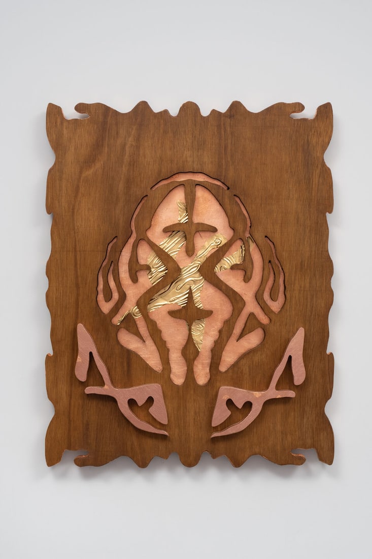 VALERIE ASIIMWE AMANI (B. 1991) Kuonana (Executed in 2026 ): VALERIE ASIIMWE AMANI (B. 1991) Kuonana artist name, title, date, and '1 of 1' embossed on wood panel on the reverse dyed wood, acrylic paint, copper foil and embossed metal 73.5 x 58.5cm (29 x