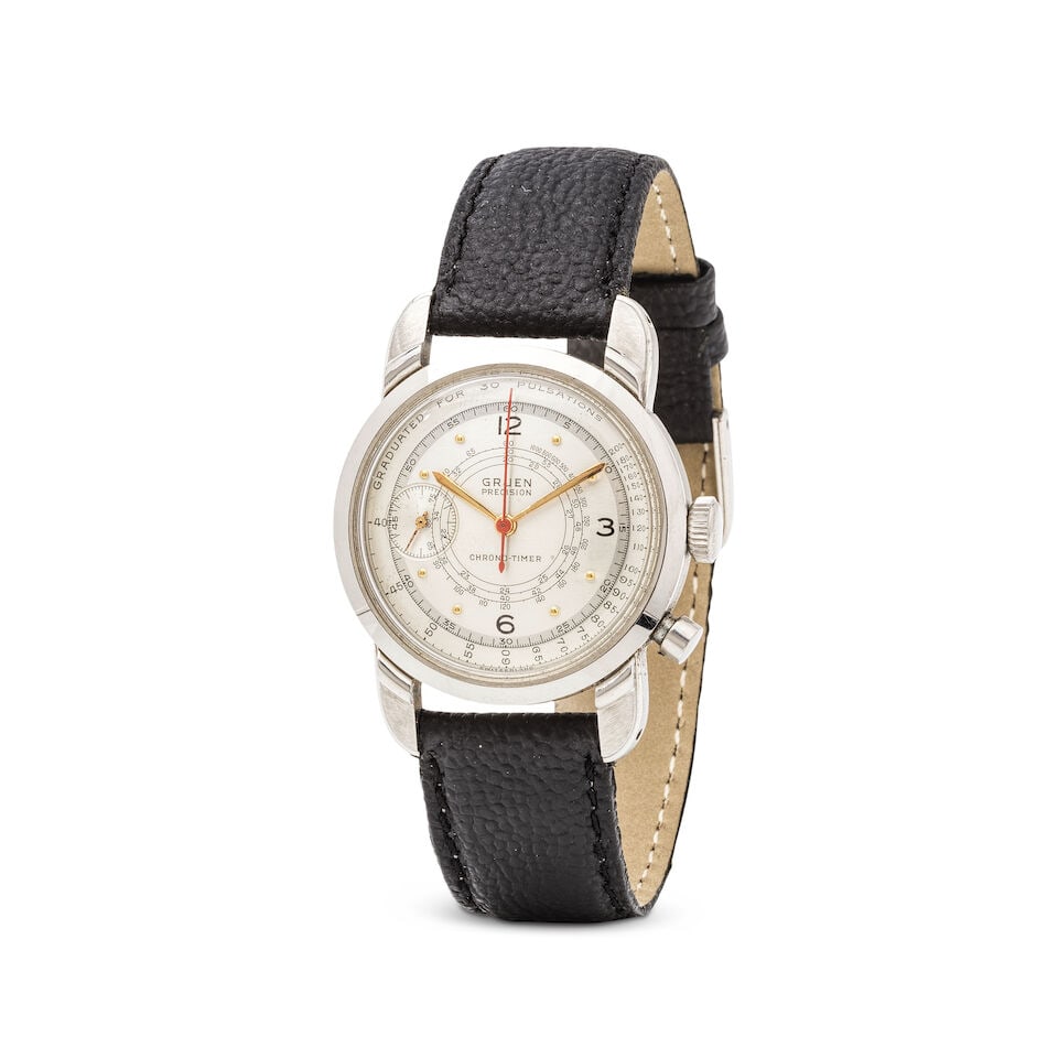 Gruen. A unpolished stainless steel manual wind single button chronograph wristwatch Gruen. Chro...: Gruen. A unpolished stainless steel manual wind single button chronograph wristwatch Gruen. Chronographe bracelet mono-poussoir en acier mouvement mécanique Model: Chrono-Timer Date: Circa