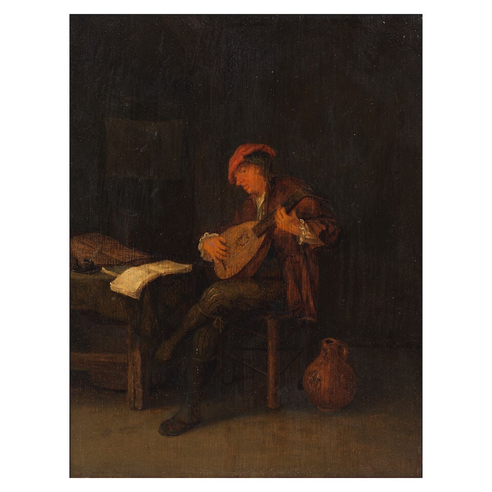 Circle of Adriaen Jansz. van Ostade (Haarlem 1610-1685) Interior with a man playing guitar frame... - 2