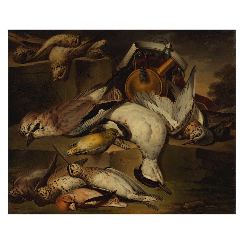 Jacob Xavier Vermoelen (Antwerp 1714-1784 Rome) Dead birds on a forest floor beside a water flas... - 7