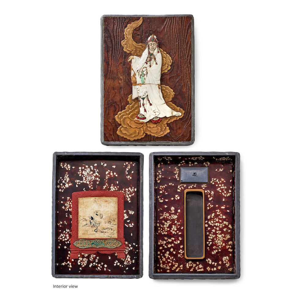 Style Of Ogawa Haritsu, An Inlaid-Wood and Lacquer Suzuribako (Writing Box) Japan, Edo period (1...: Style Of Ogawa Haritsu, An Inlaid-Wood and Lacquer Suzuribako (Writing Box) Japan, Edo period (1615-1868), 18th century, Rectangular, with rounded pewter-covered edges, decorated in gold takamaki-e an