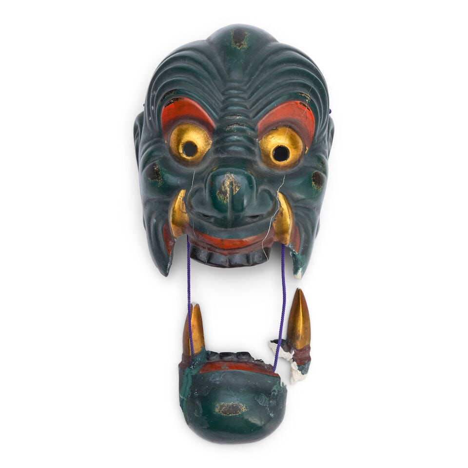A Polychrome and Gilt Papier Mache Gigaku Mask Japan, late Edo period (1615-1868) or Meiji era (...: A Polychrome and Gilt Papier Mache Gigaku Mask Japan, late Edo period (1615-1868) or Meiji era (1868-1912), 19th century, With an articulated jaw 9 1/2in (24.2cm) long For further information on this 