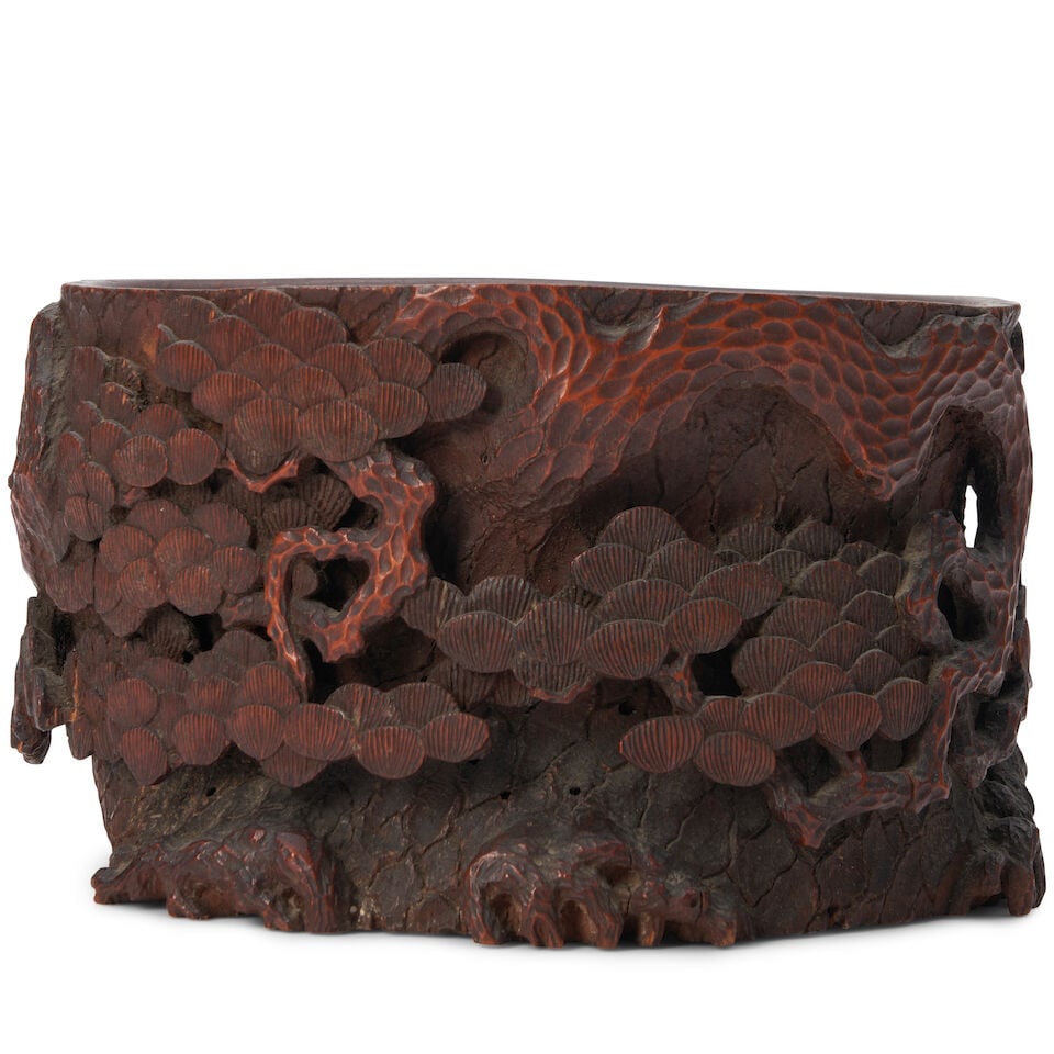 A Bamboo and Rootwood Openwork Carved Tray/Stand Japan, Meiji era (1868-1912), 19th/20th century,: A Bamboo and Rootwood Openwork Carved Tray/Stand Japan, Meiji era (1868-1912), 19th/20th century, Carved with pine trees, inscribed on base 4 5/8in (11.7cm) high Lot to be sold without reserve. This l
