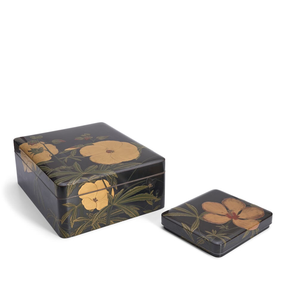 A Matching Lacquer Suzuribako (Box for Writing Utensils) and a Bunko (Stationery Box) Japan, Sho...: A Matching Lacquer Suzuribako (Box for Writing Utensils) and a Bunko (Stationery Box) Japan, Showa era (1926-1989), 20th century, Decorated with large hibiscus flowers in iro-e takamaki-e against a bl