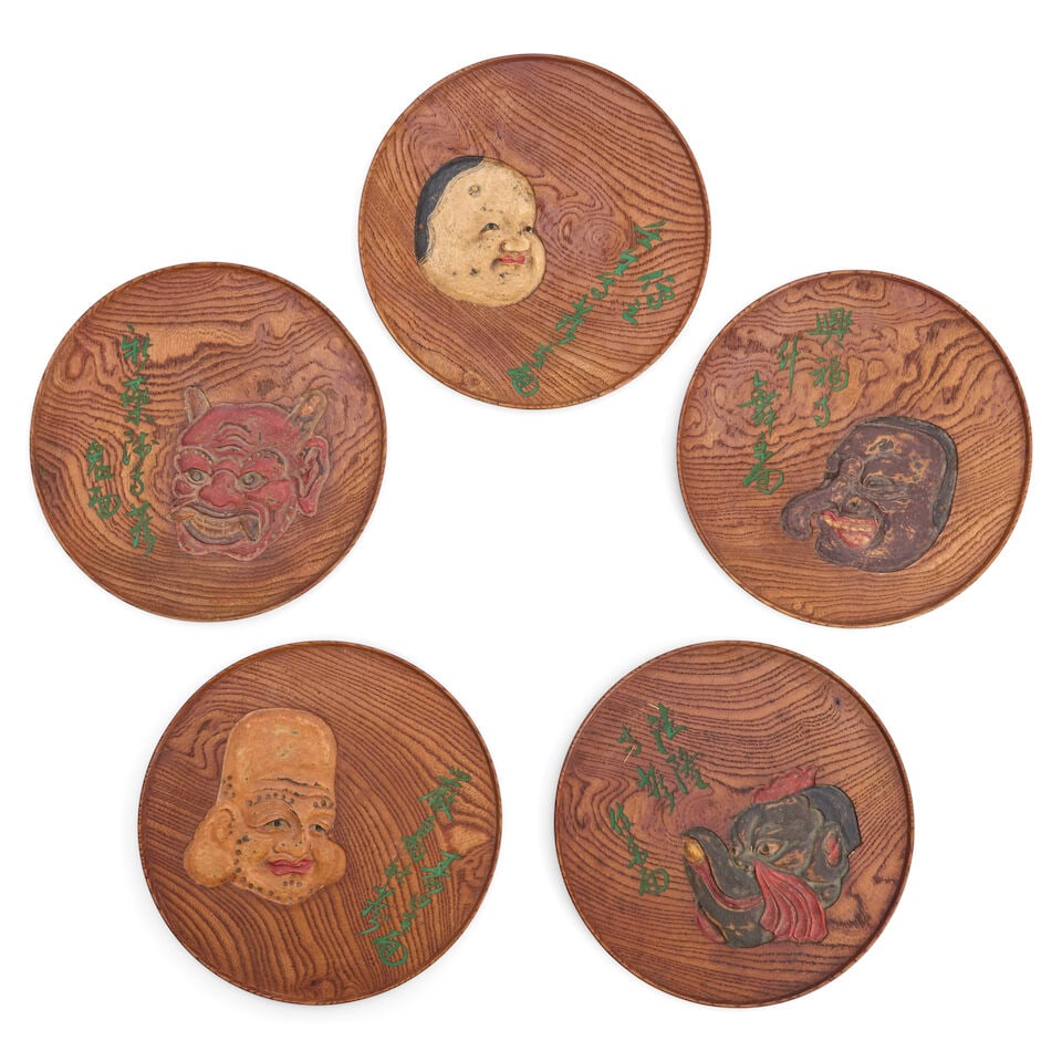 Kano Tessai (1845-1925), A Set of Five Small Circular Wood Trays Japan, Meiji (1868-1912) or Tai...: Kano Tessai (1845-1925), A Set of Five Small Circular Wood Trays Japan, Meiji (1868-1912) or Taisho (1912-1926) era, 19th/20th century, Each carved and painted in polychrome pigments on the upper surf