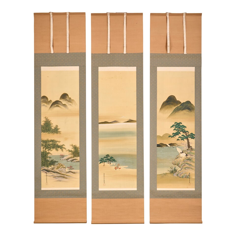 Manner of Tosa Mitsunari (1646-1710), A Set of Three Hanging Scrolls Japan, Edo period (1615-186...: Manner of Tosa Mitsunari (1646-1710), A Set of Three Hanging Scrolls Japan, Edo period (1615-1868), 19th century Ink and color on paper, each depicting a landscape by the edge of the water, with mount