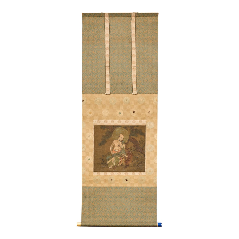 A Hanging Scroll Depicting Bukan and a Tiger Japan, Edo period (1615-1868), 19th century,: A Hanging Scroll Depicting Bukan and a Tiger Japan, Edo period (1615-1868), 19th century, Ink and color on paper, unsigned 9 3/4 x 11 1/8in (25 x 28cm) For further information on this lot please visit