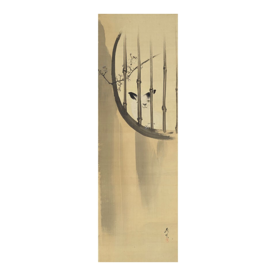 Manner of Shibata Zeshin (1807-1891), Cat Looking Out a Window Japan, Edo period (1615-1868) or ...: Manner of Shibata Zeshin (1807-1891), Cat Looking Out a Window Japan, Edo period (1615-1868) or Meiji era (1868-1912), 19th century, A hanging scroll brushed in ink and light color on silk, depicting 