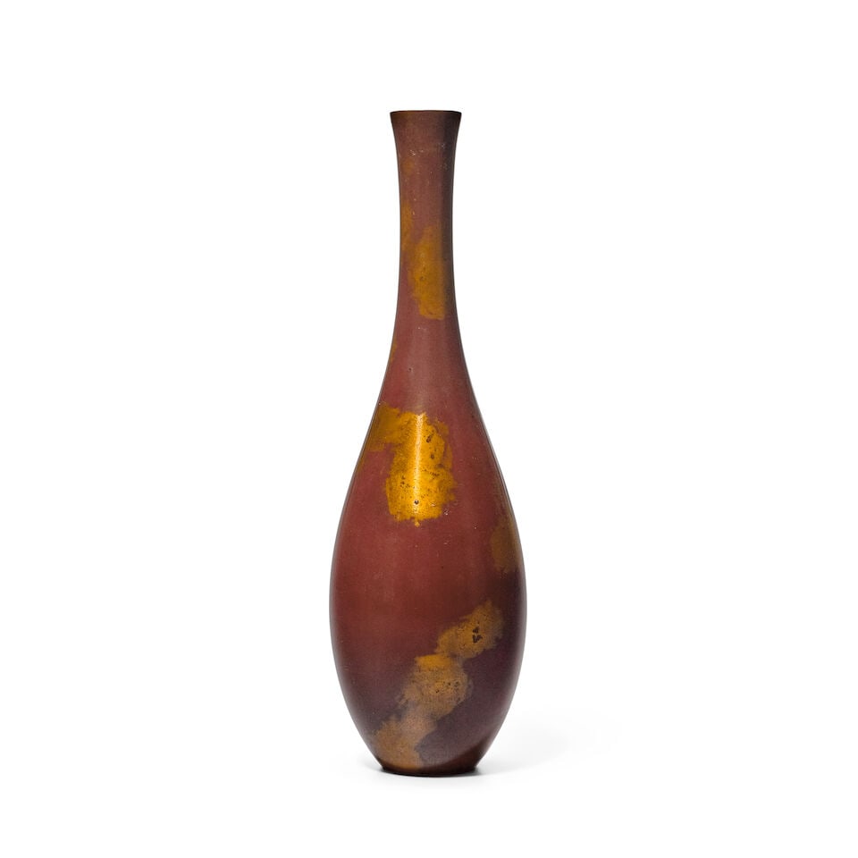 Kurisaki Tsugio (Born 1945), A Bronze Flower Vase Japan, Heisei era (1989-2019), 2000,: Kurisaki Tsugio (Born 1945), A Bronze Flower Vase Japan, Heisei era (1989-2019), 2000, Cast with ovoid body and slightly flared mouth, the base with a seal-style signature Tsugio With a wood tomobako 