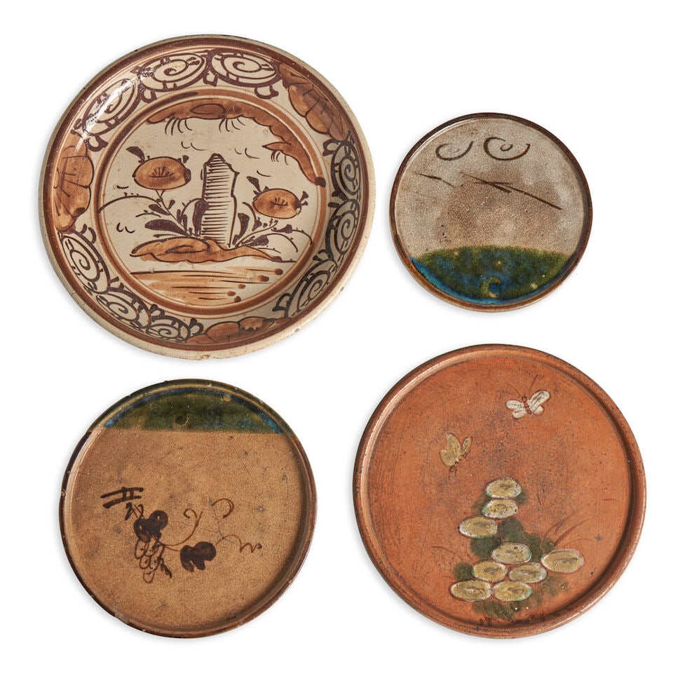 Four Andon Zara, Lantern Oil Dishes Japan, 18th - 19th century, (4): Four Andon Zara, Lantern Oil Dishes Japan, 18th - 19th century, Two Oribe; one Kyo-yaki style; and one Seto 9 3/4in (34.8cm) diam of largest (4). For further information on this lot please visit