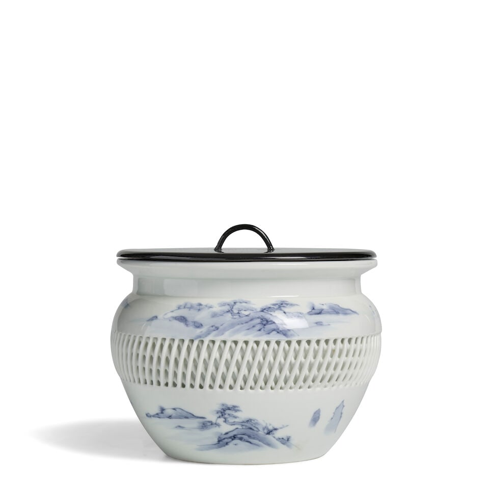 A Hirado Reticulated Blue and White Porcelain Mizusashi (Fresh-water Pot) Japan, Showa (1926-198...: A Hirado Reticulated Blue and White Porcelain Mizusashi (Fresh-water Pot) Japan, Showa (1926-1989) or Heisei (1989-2019) era, late 20th century, Decorated with landscapes in underglaze cobalt, the bod