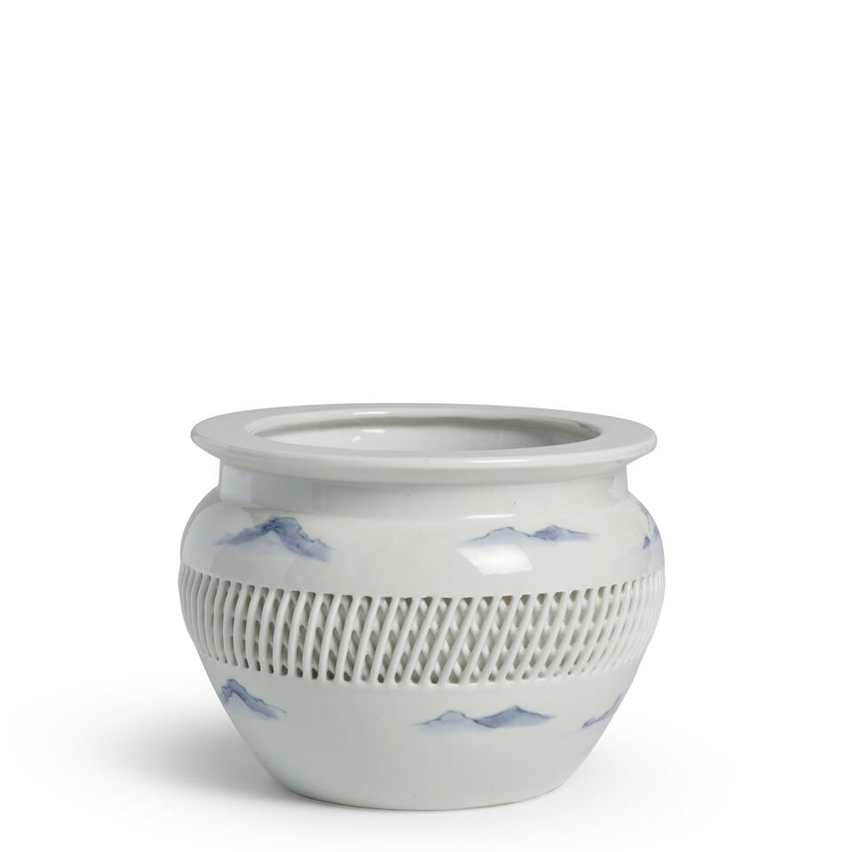 A Hirado Reticulated Blue and White Porcelain Mizusashi (Fresh-water Pot) Japan, Showa (1926-198... - 2