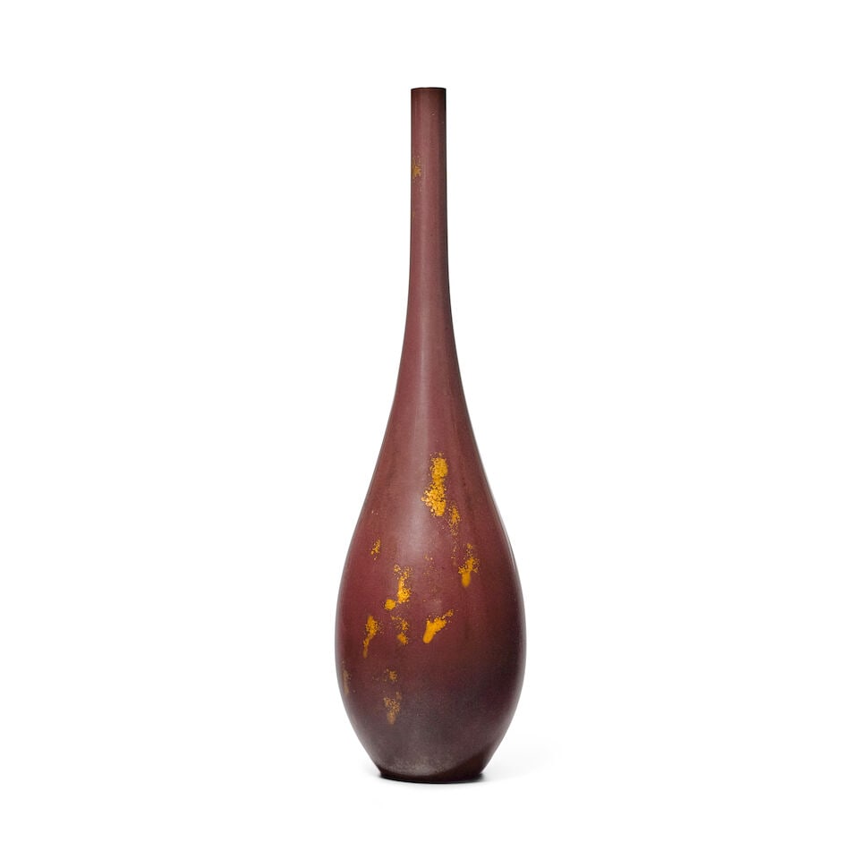 Kurisaki Tsugio (Born 1945), A Bronze Flower Vase Japan, Showa (1926-1989) or Heisei (1989-2019)...: Kurisaki Tsugio (Born 1945), A Bronze Flower Vase Japan, Showa (1926-1989) or Heisei (1989-2019) era, late 20th century, Of bronze cast with an ovoid body and slender neck, With a wood tomobako inscri
