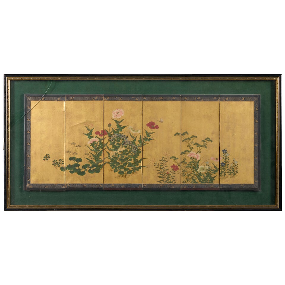 A Small Six-Panel Floral Screen Japan, Meiji (1868-1912) or Taisho (1912-1926) era, late 19th/ea...: A Small Six-Panel Floral Screen Japan, Meiji (1868-1912) or Taisho (1912-1926) era, late 19th/early 20th century, Ink, color, and gold on paper, depicting various flowers and a butterfly, unsigned, fr