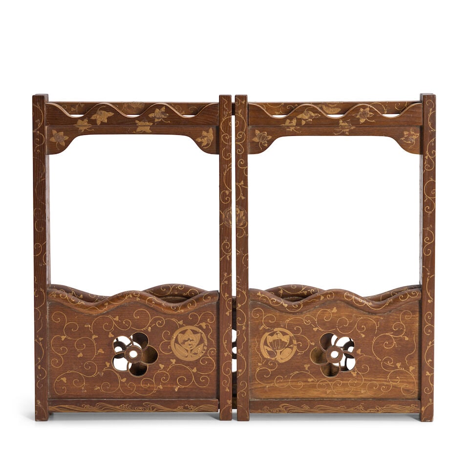 A Lacquered Wood Inro Stand Japan, Meiji era (1868-1912), late 19th century,: A Lacquered Wood Inro Stand Japan, Meiji era (1868-1912), late 19th century, The three-leaf stand assembled with cross panels pierced with plum-blossom florets, decorated with pine, bamboo, plum and