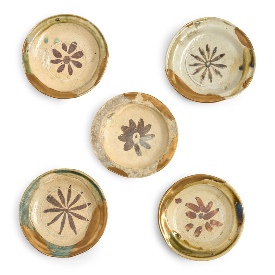 An Assembled Set of Five Mino-Ware Dishes, Green Oribe Type, Repaired with Gold Lacquer Japan, E... (1 of 2)