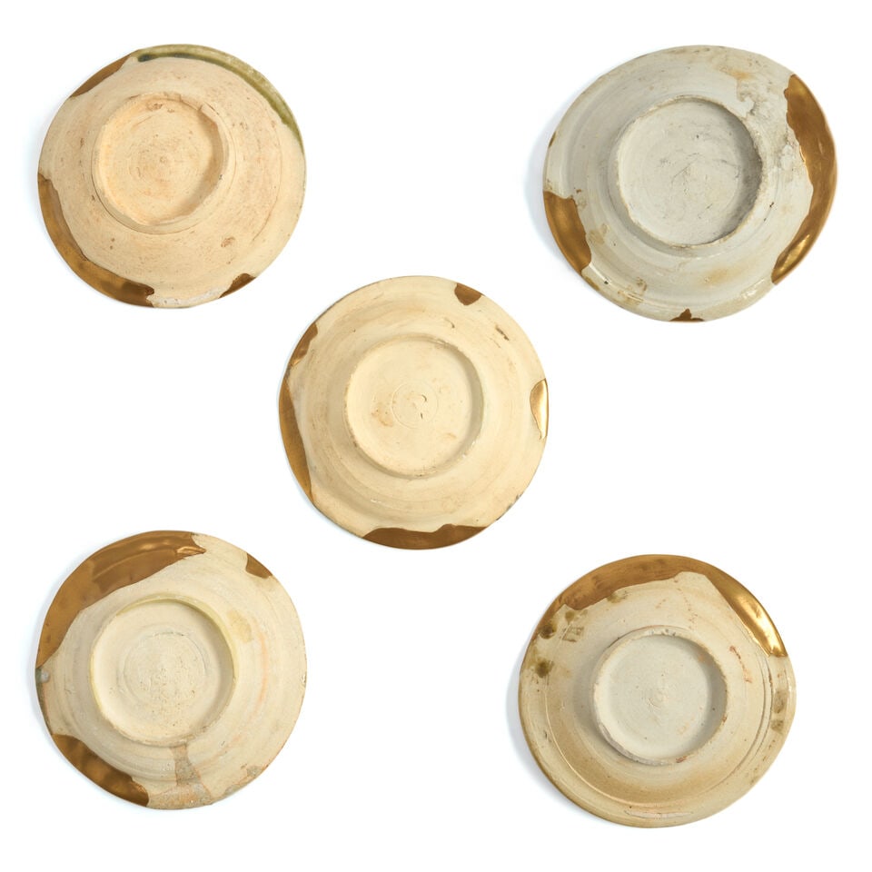 An Assembled Set of Five Mino-Ware Dishes, Green Oribe Type, Repaired with Gold Lacquer Japan, E... - 2