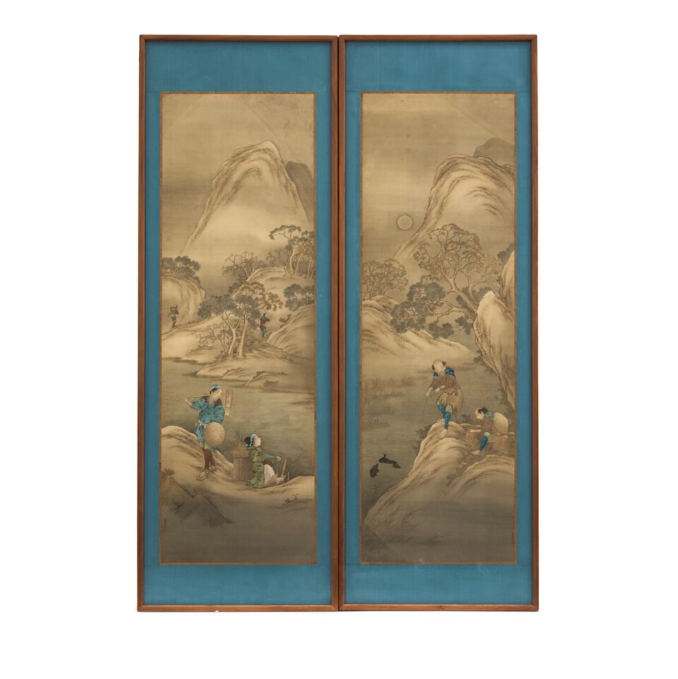 Katsushika Isai (1821-1880), A Pair of Paneled Paintings Japan, Edo period (1615-1868), (2): Katsushika Isai (1821-1880), A Pair of Paneled Paintings Japan, Edo period (1615-1868), Each depicting a landscape near the water with fishermen, one engaged in 'ukai' fishing using cormorants under t