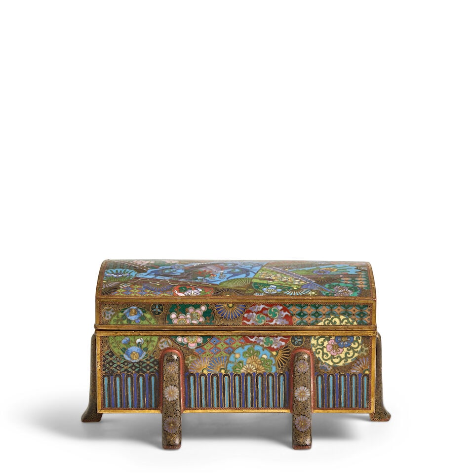 A Six-Legged Miniature Cloisonne-Enamel Chest Japan, Meiji era (1868-1912), circa 1900,: A Six-Legged Miniature Cloisonne-Enamel Chest Japan, Meiji era (1868-1912), circa 1900, The hinged box with a design of folding fans with various motifs including a phoenix and various flowers, the