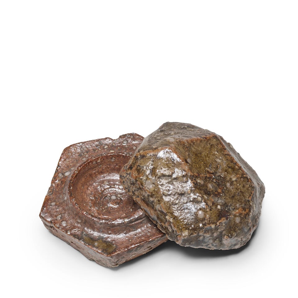 A Shigaraki-Style Stoneware Kogo (Incense Box) Japan, Meiji (1868-1912) or Taisho (1912-1926) er...: A Shigaraki-Style Stoneware Kogo (Incense Box) Japan, Meiji (1868-1912) or Taisho (1912-1926) era, 19th/20th century, Faceted hexagonal box, unmarked 1 1/4 x 2 1/4 x 2 1/4in (3.2 x 5.7 x 5.7cm) For fu