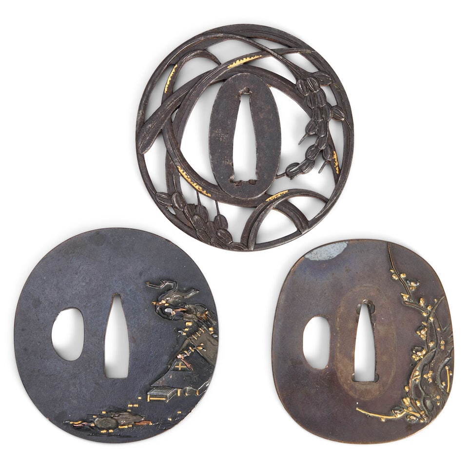 Three Mixed-metal Tsuba Japan, late Edo period (1615-1868) or Meiji era (1868-1912), 19th centur...: Three Mixed-metal Tsuba Japan, late Edo period (1615-1868) or Meiji era (1868-1912), 19th century, One depicting a flowering plum tree beneath the moon; one depicting an openwork ear of rice, signed; 