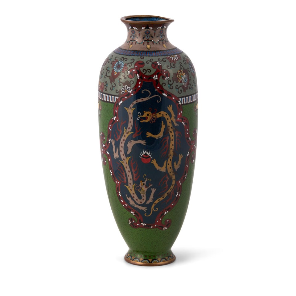 A Tall Cloisonné Enamel Vase Japan, Meiji (1868-1912) or Taisho (1912-1926) era, late 19th/...: A Tall Cloisonné Enamel Vase Japan, Meiji (1868-1912) or Taisho (1912-1926) era, late 19th/early 20th century, With stylized dragon motifs 12in (30.5cm) high Lot to be sold without reserve. This 