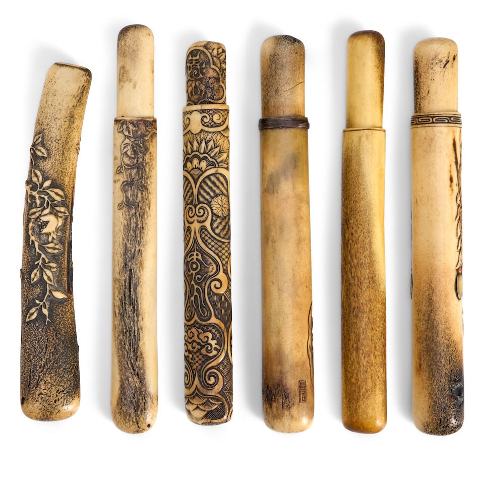 Six Stag Antler Pipe Cases Japan, late Edo period (1615-1868) or Meiji era (1868-1912), 19th ce... - 2