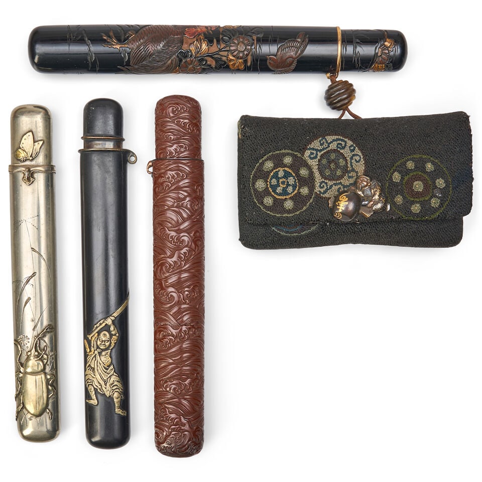 Four Pipe Cases and a Tobacco Pouch Japan, late Edo period (1615-1868) or Meiji era (1868-1912),... (1 of 2)