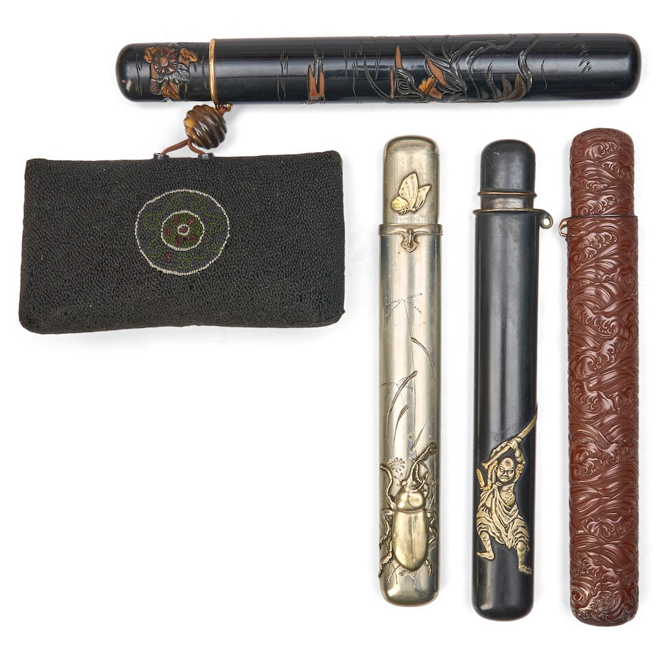 Four Pipe Cases and a Tobacco Pouch Japan, late Edo period (1615-1868) or Meiji era (1868-1912),... - 2