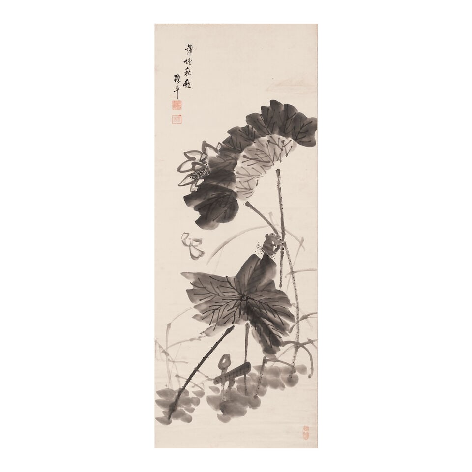 Matsuoka Kansui (1818-1887), Lotus Flowers Japan, Edo period (1615-1868) or Meiji era (1868-1912...: Matsuoka Kansui (1818-1887), Lotus Flowers Japan, Edo period (1615-1868) or Meiji era (1868-1912), late 19th century, In ink on paper mounted as a hanging scroll, depicting multiple lotus flowers, one