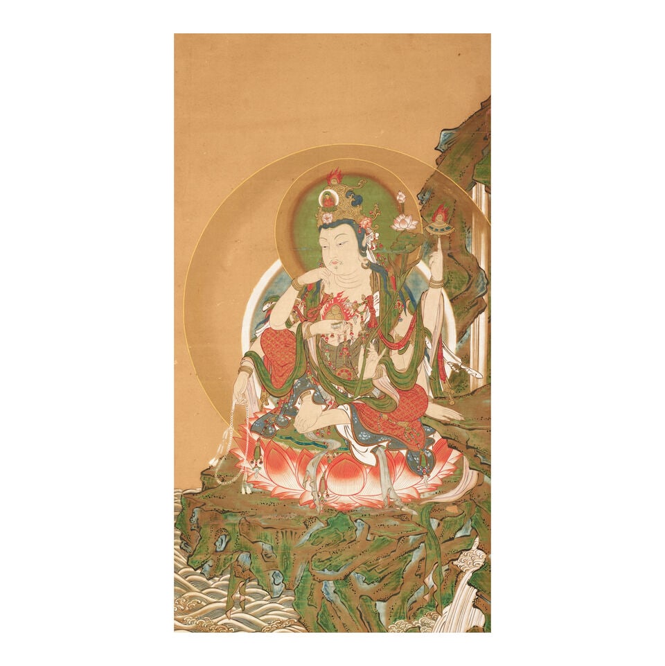 Anonymous (19th Century), Nyoirin Kannon (Cintamanicakra Avalokitesvara) Japan, Edo period (1615...: Anonymous (19th Century), Nyoirin Kannon (Cintamanicakra Avalokitesvara) Japan, Edo period (1615-1868), 19th century, A hanging scroll mounted on a panel, painted in ink, colors, and gold on silk with