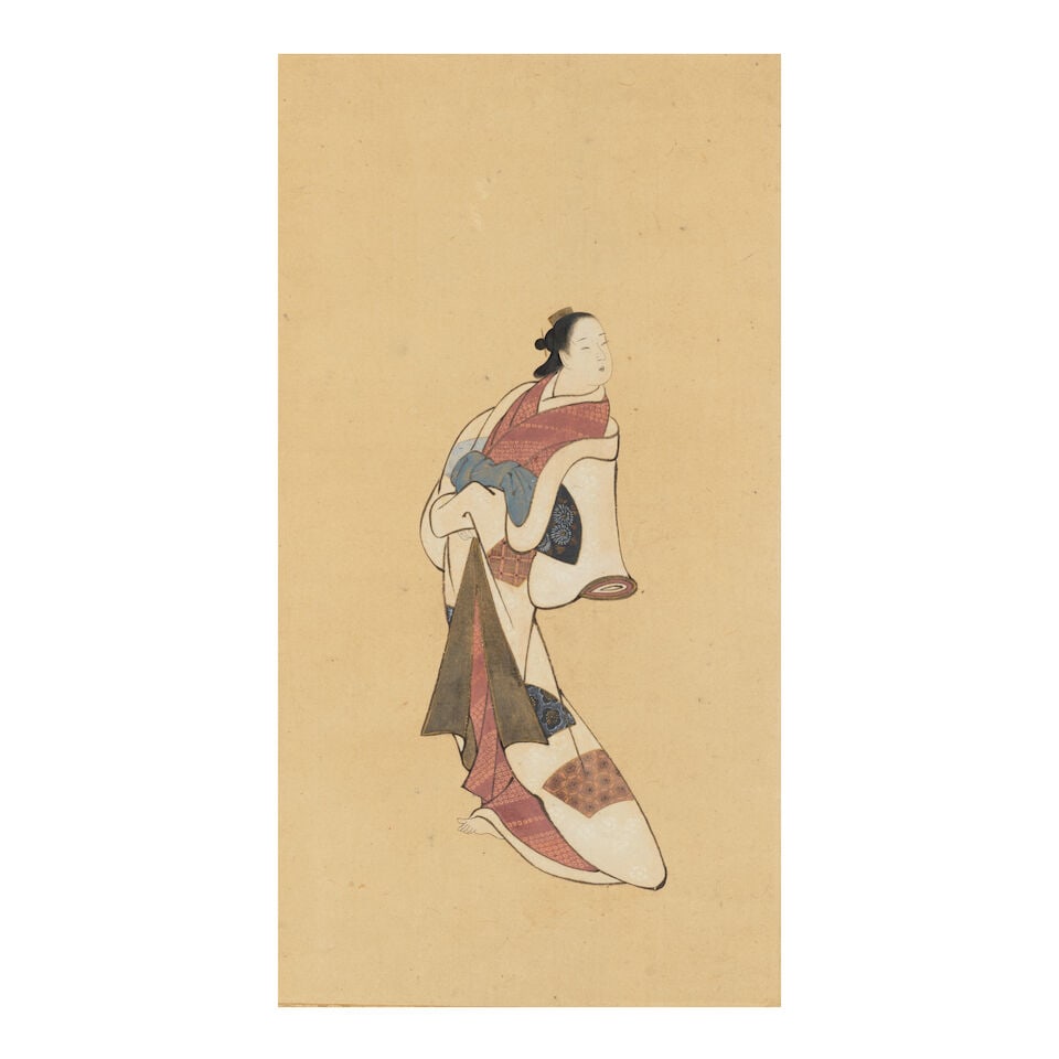Anonymous, Courtesan Japan, Meiji (1868-1912) or Taisho (1912-1926) era, 20th century,: Anonymous, Courtesan Japan, Meiji (1868-1912) or Taisho (1912-1926) era, 20th century, A hanging scroll ink ink, color, and gold on paper depicting a standing courtesan 14 x 7 5/8in (35.5 x