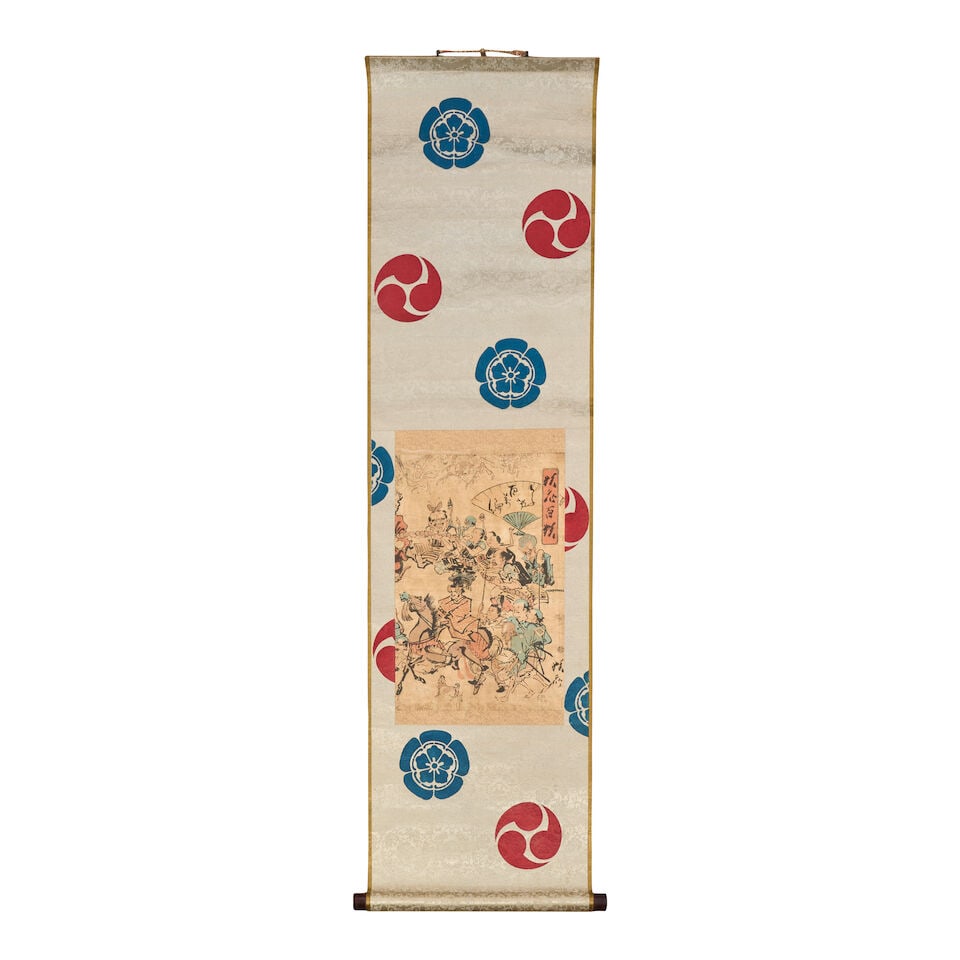 Kawanabe Kyōsai (1831-1889), A Woodblock Print Mounted as a Hanging Scroll Japan, Edo perio...: Kawanabe Kyōsai (1831-1889), A Woodblock Print Mounted as a Hanging Scroll Japan, Edo period (1615-1868), 1864, A single ōban tate-e woodblock print titled Dōke hyakumanben (Comic 100 T