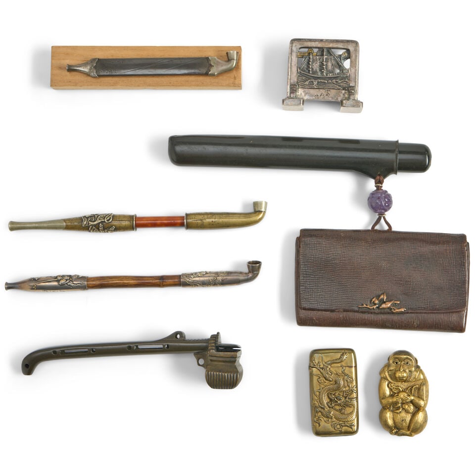 Eight Smoking Accessories Japan, Meiji era (1868-1912), 19th/20th century (8): Eight Smoking Accessories Japan, Meiji era (1868-1912), 19th/20th century A tobacco pouch with black lacquer pipe case; three tobacco pipes; a bronze yatate; a signed miniature metal table screen; and