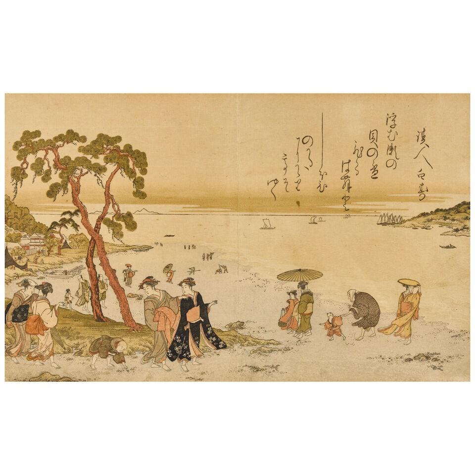 Kitagawa Utamaro (1753-1806), Two Woodblock Printed Sheets Japan, Edo period (1615-1868), 1789,: Kitagawa Utamaro (1753-1806), Two Woodblock Printed Sheets Japan, Edo period (1615-1868), 1789, From the illustrated book entitled Shiohi no tsuto (Gifts from the Ebb Tide), 1789, framed 9 x 14 1/2in 