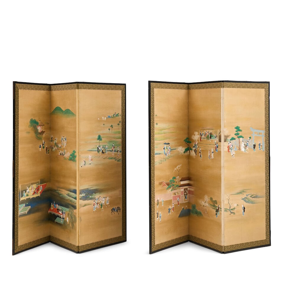 A Pair of Three-panel Folding Screens Japan, Edo period (1615-1868) or Meiji era (1868-1912), 19... - 2