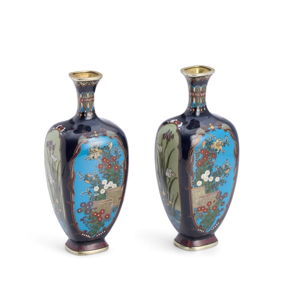 Miwa Tomisaburo (Dates Unknown), A Pair of Small Midnight Blue Cloisonné Vases Japan, Meiji... - 2