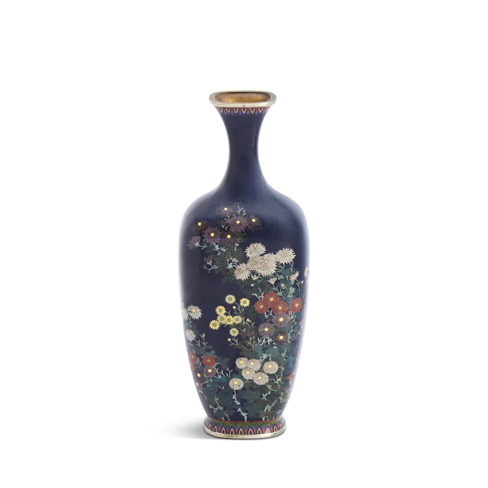 Gonda Hirosuke (1865-1937), A Midnight Blue Cloisonné Vase Japan, Meiji era (1868-1912),: Gonda Hirosuke (1865-1937), A Midnight Blue Cloisonné Vase Japan, Meiji era (1868-1912), Slightly flattened rectangular baluster form, depicting various chrysanthemums, one-character mark on base