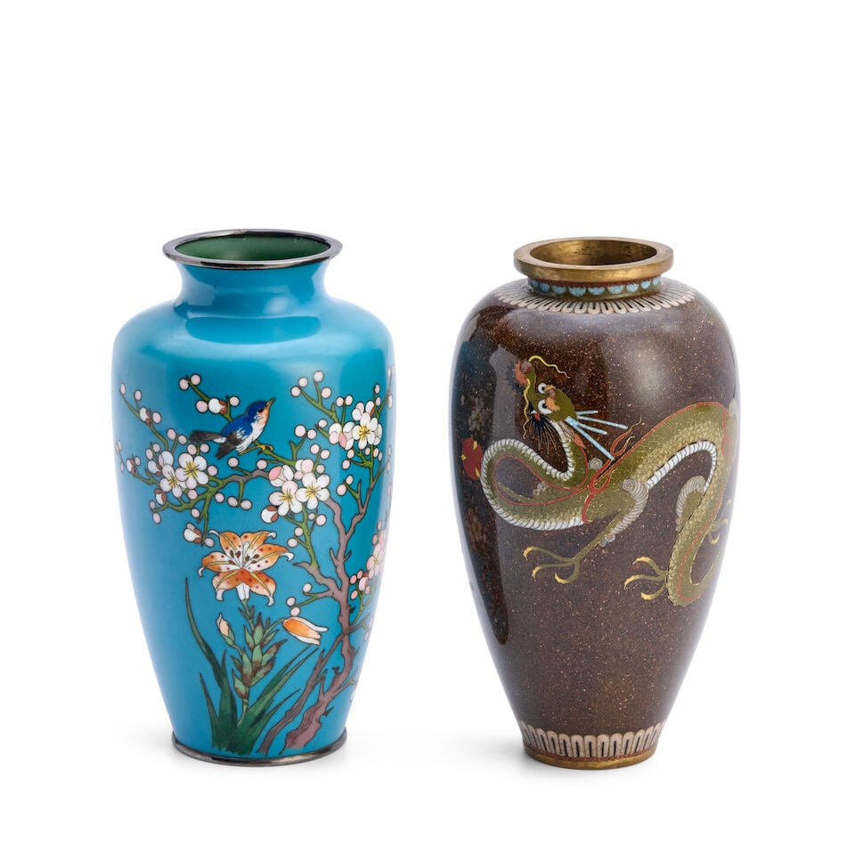 Two Cloisonné Vases Japan, Showa era (1926-1989), mid-20th century, (2): Two Cloisonné Vases Japan, Showa era (1926-1989), mid-20th century, Both oviform, one with peach blossoms and a songbird, silver-gilt rim; 'C.P.O' (Central Purchasing Office) mark with one charac