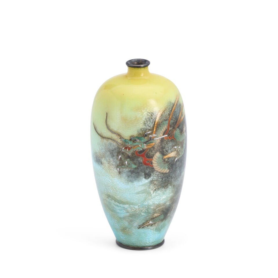 Kumeno Teitaro (1865-1939), A Small Ginbari Cloisonné Vase Japan, Taisho (1912-1926) or Sho...: Kumeno Teitaro (1865-1939), A Small Ginbari Cloisonné Vase Japan, Taisho (1912-1926) or Showa (1926-1989) era, 20th century, Elongated oviform, decorated with a dragon above water against a yello