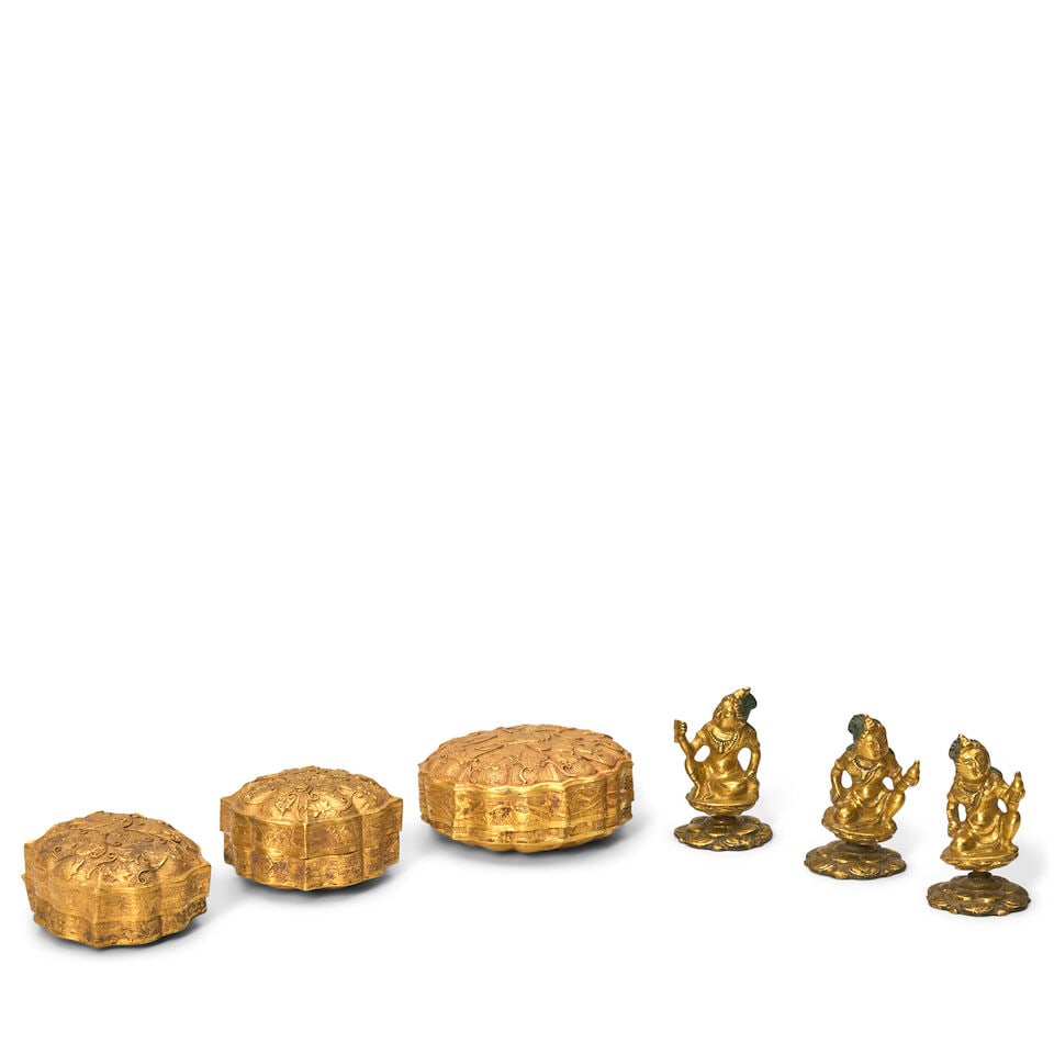A Group of Six Metal Covered Boxes and Miniature Bodhisattvas China, Tang dynasty style, 20th ce...: A Group of Six Metal Covered Boxes and Miniature Bodhisattvas China, Tang dynasty style, 20th century, Three gilt metal boxes, all with foliate rims, two decorated with lions and lotus; and one with G