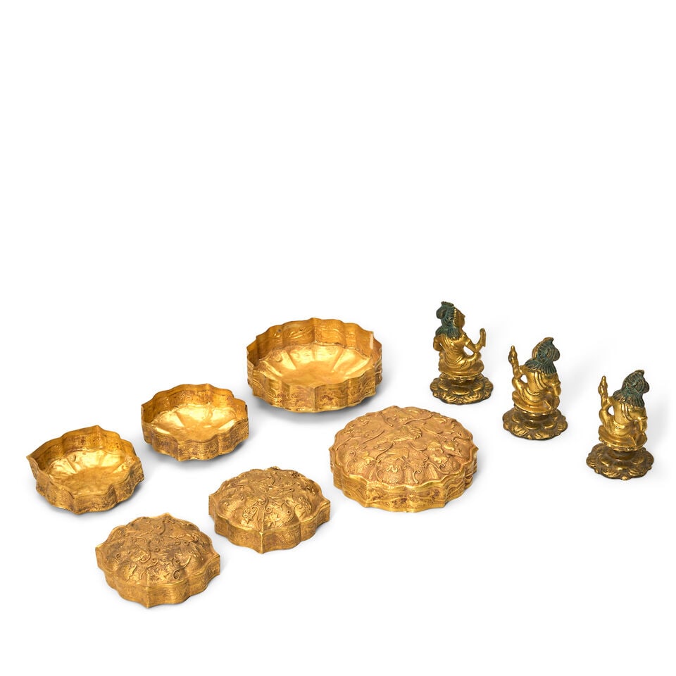 A Group of Six Metal Covered Boxes and Miniature Bodhisattvas China, Tang dynasty style, 20th ce... - 2