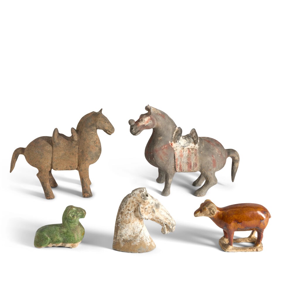 Five Polychrome-glazed Pottery Figures China, Han dynasty and Tang dynasty style, 20th century, (5) (1 of 2)